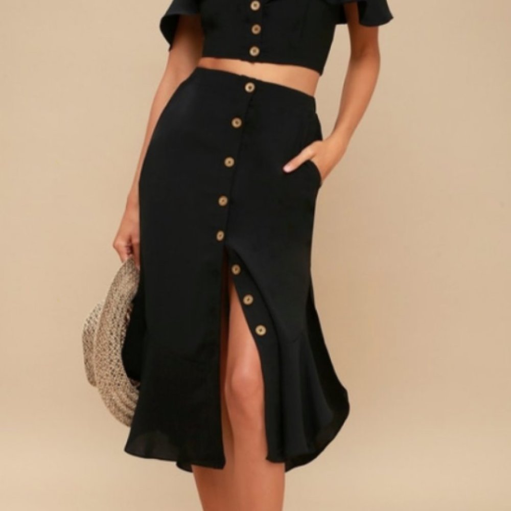 Lulus Black Button Up Ruffle Hem Midi Skirt Casual